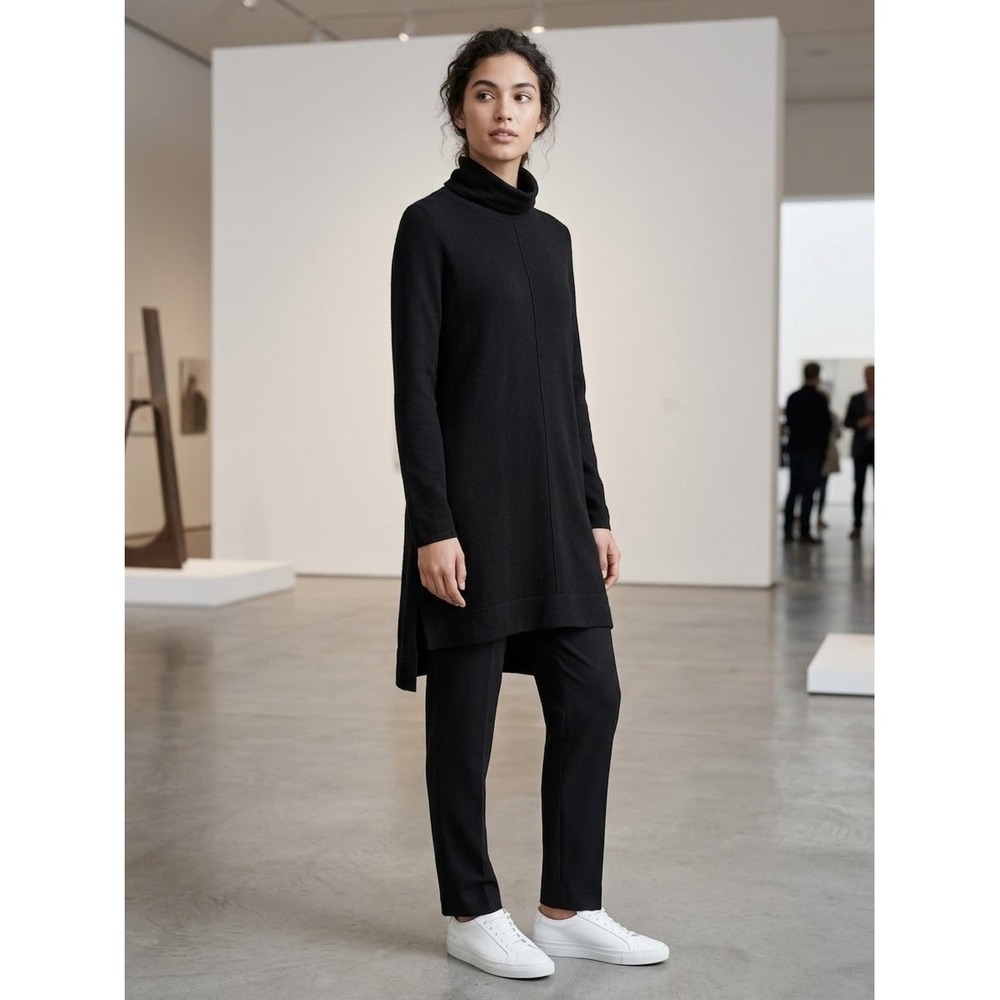 Eileen Fisher Black Merino Wool Turtleneck Tunic Sweater Medium R18MF